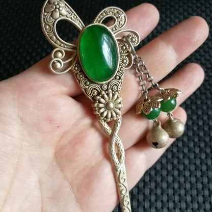 Vintage Silver-Tone Inlaid Green Gem Hairpin Antique Collectible