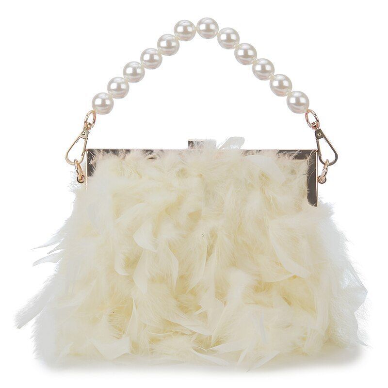 Luxury Real Feather Purse Handbag Clutch Shoulder Bags Pearl Chain 20*5*18 CM