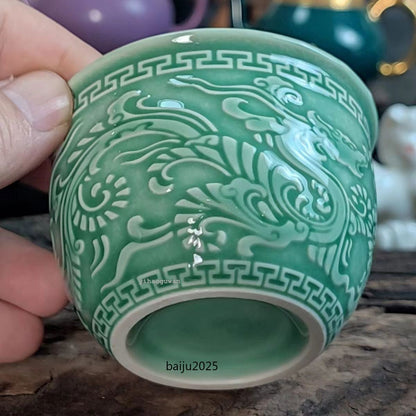 125ML Chinese antique green glazed dragon patterned master tea cup