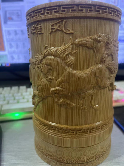 Bamboo Carved Eight Horses Pen Holder 5.12in Chinese Desk Decor