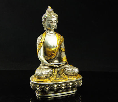 Vintage Chinese old Tibet Silver Gilt Buddhism Sakyamuni Buddha Statue 22322