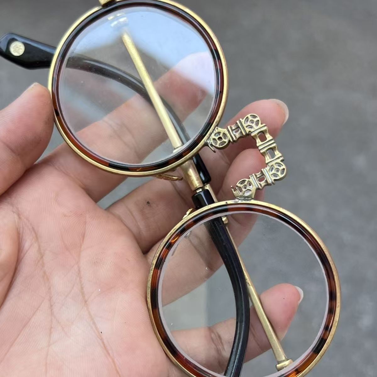 Vintage Chinese Crystal Round Glasses Tea Tint Copper Frame Eyewear