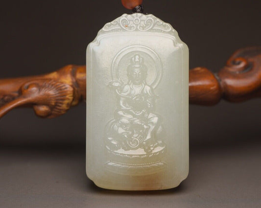 Chinese Natural Hetian Jade Carved Exquisite Dragon Guanyin Statue Lucky Pendant
