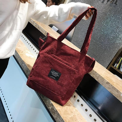 Women Corduroy Shoulder Bag Striped Cloth Handbag Zip Tote Canvas Crossbody Bags