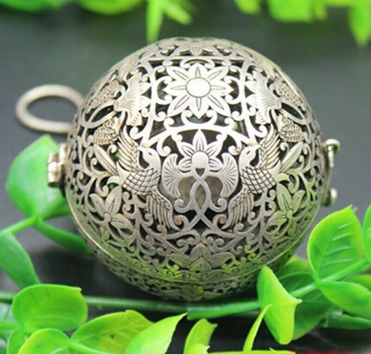 2.2" Tibet Silver Copper Carved Incense Burner Ball Statue