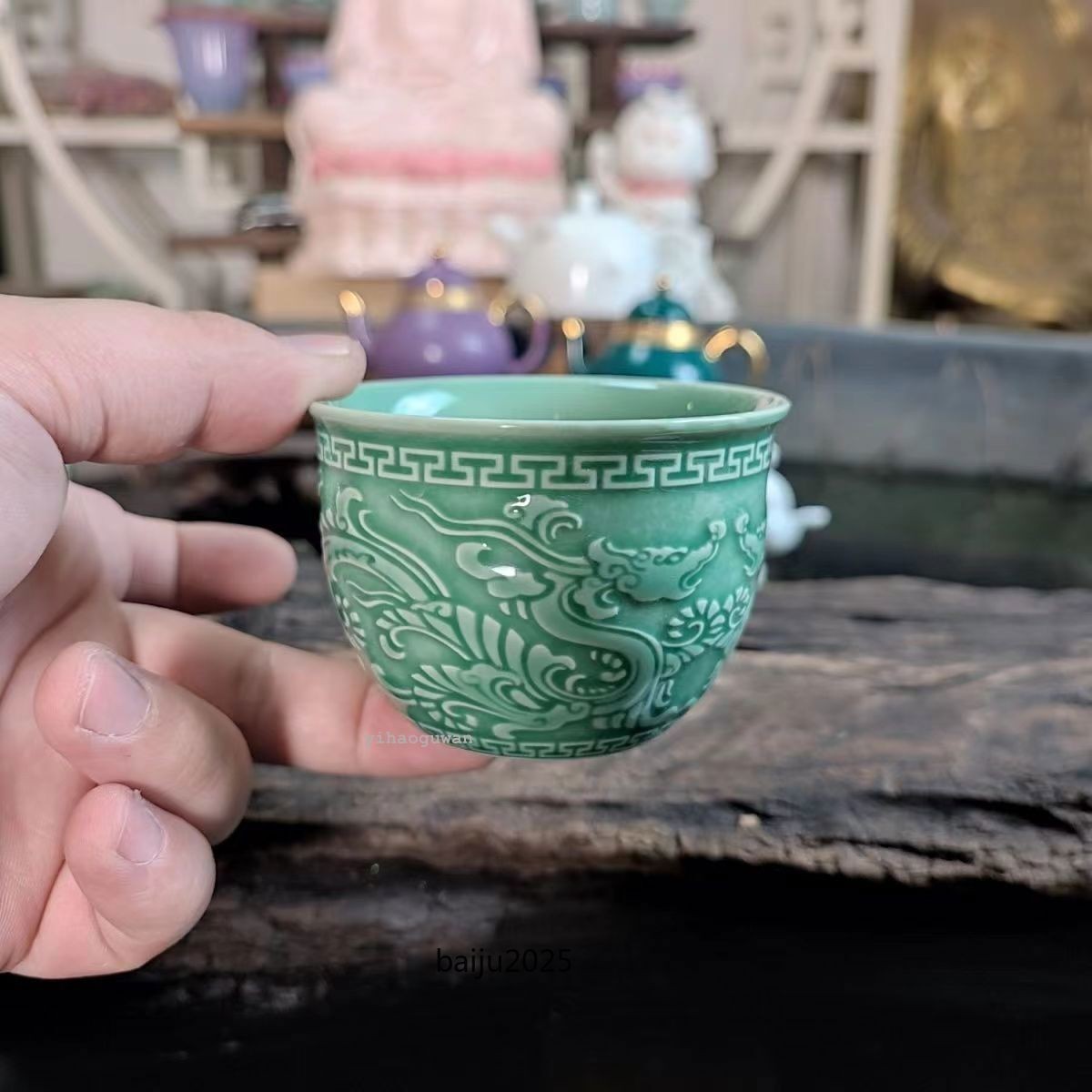 125ML Chinese antique green glazed dragon patterned master tea cup