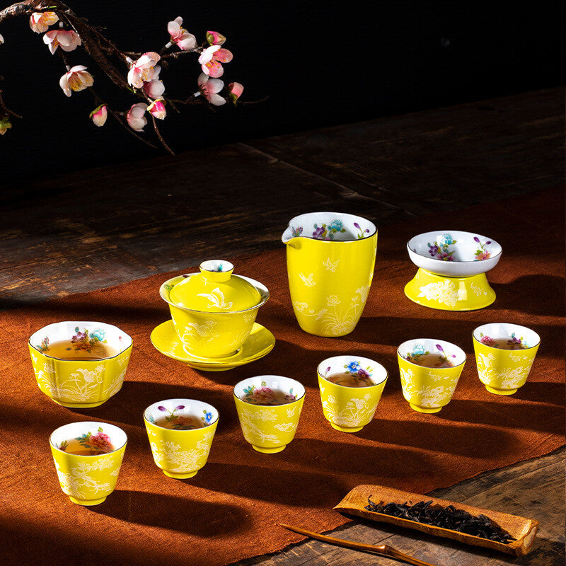 Chinese Tea Set Porcelain Tea Pot Floral Print Gaiwan Cup Pitcher Strainer New