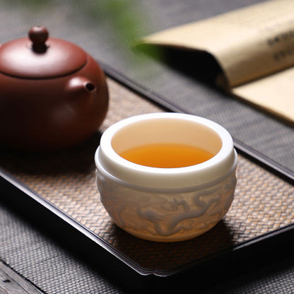 Handmade Teacup Dragon Engraved Carved Master Cup White China Personal Cup 100ml