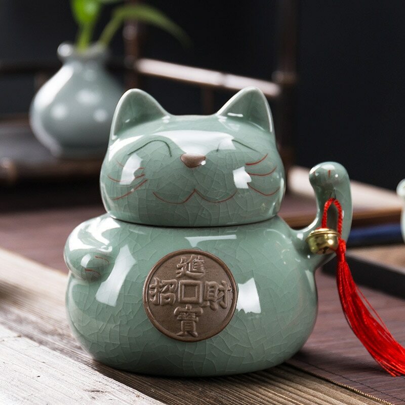 Ceramic Lucky Cat Tea Caddy Sealed Cans Food Container Candy Snacks Storage Tank