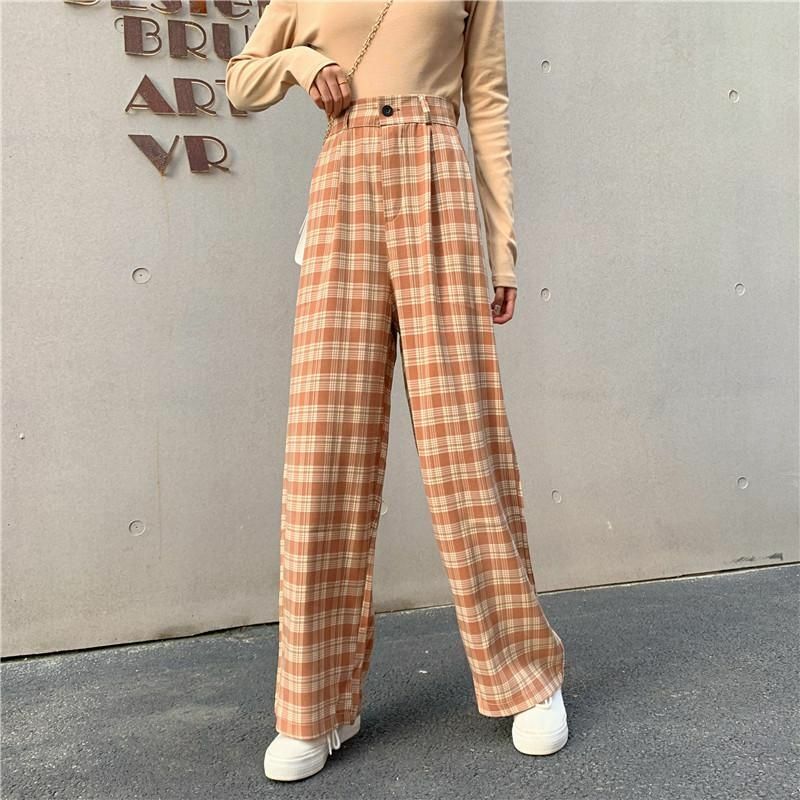 Women Pants Street Simple Vintage Plaid Causal Long Fashion Straight Wide Leg