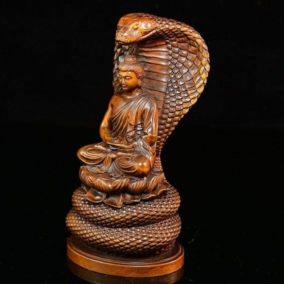 Old Boxwood Carved Snake Buddha Serpent Statue Buddhism Sculpture Decor