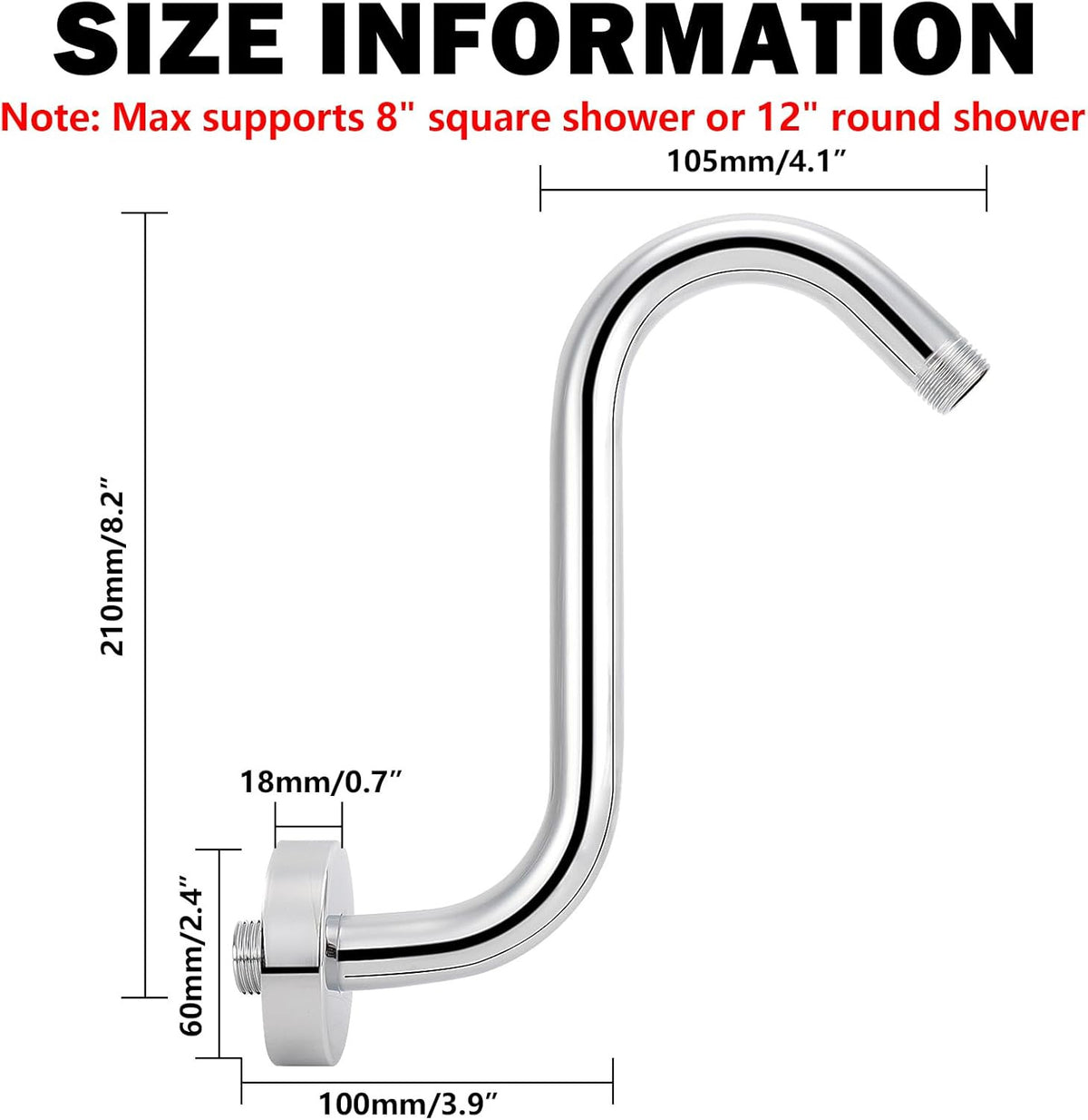 S Shaped Shower Head Riser Arm, Shower Extender Arm with Flange, Standard 1/2" C