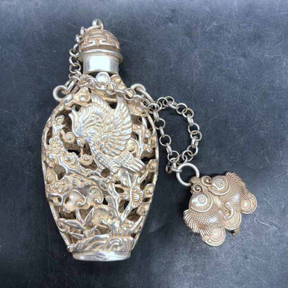 Vintage Chinese Silver Plated Copper Crane Openwork Incense Sachet Pendant