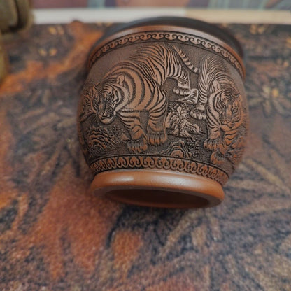 Yixing Zisha Zhuni Teacup 2.95in 150cc Hand Carved Five Tigers Relief