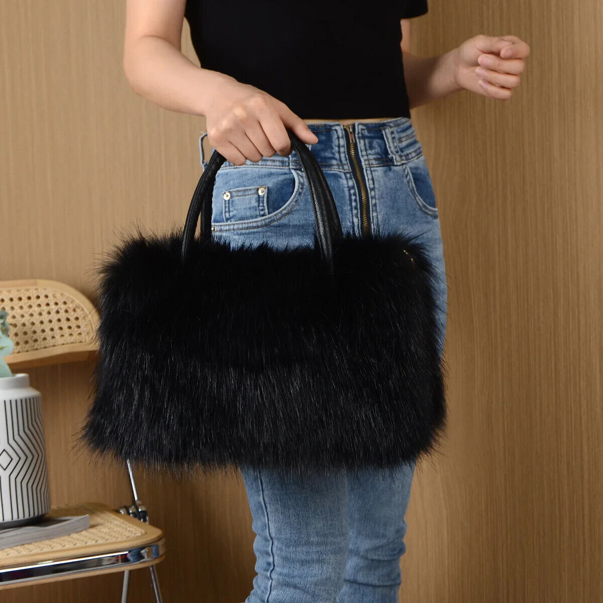 Winter Patchwork Leather Women's Ladies Long Plush Tote Bag