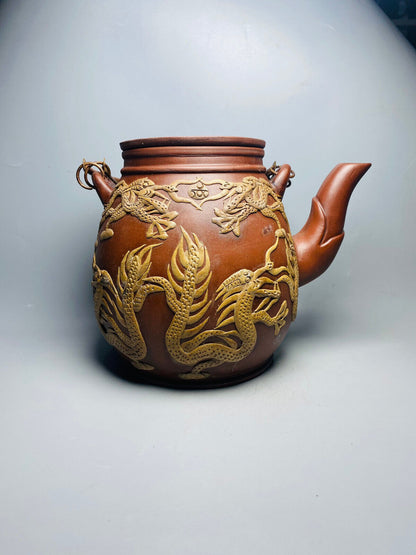 Chinese Yixing Zisha Clay Handmade Exquisite Teapot（铜提梁大九龙 底款：时大彬）