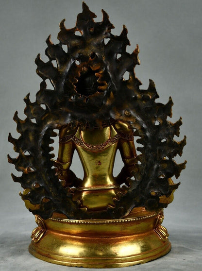 10" Antique Tibetan Buddhism Temple Bronze Gilt Amitabha Longevity Buddha Statue