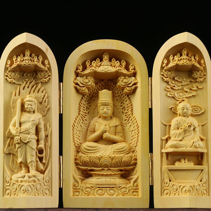 Buddha Statue Carved Wooden Sculpture Decor Three Open Box Home Ornaments NEW