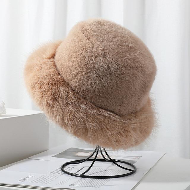 Womens Real Rabbit/Rex Fur Hat Bowler Hat Warm Beanie W Fox Fur Brim
