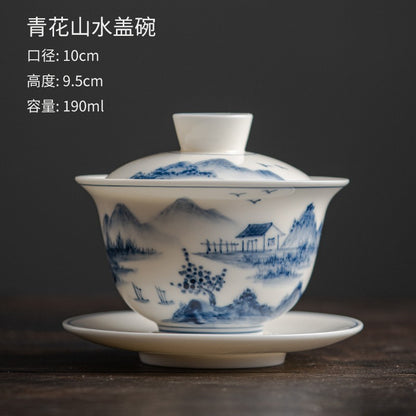 Hand Drawn Mutton-fat Jade Tea Bowl White Porcelain San Cai Gaiwan Tea Set