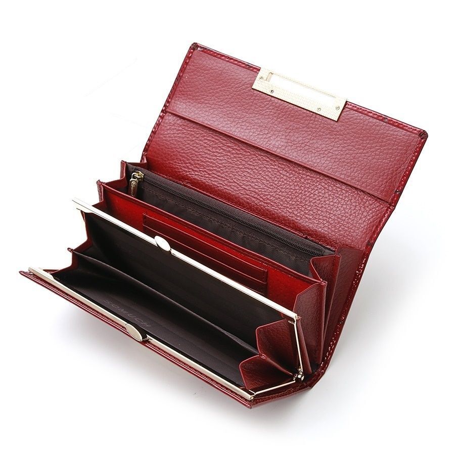 Genuine Leather Long Wallet Cowhide Purse Diamond Print Card Holder 2.5*19*9.5CM