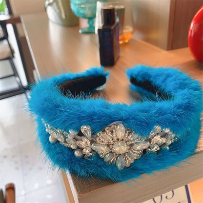 Women Headband Luxurious Faux Fur Crystal Hairband Casual Adult Hair Accessories
