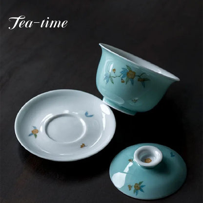 110ml Handpainted Spring Flower Ceramic Tea Tureen Retro Green Glaze Bowl Tea