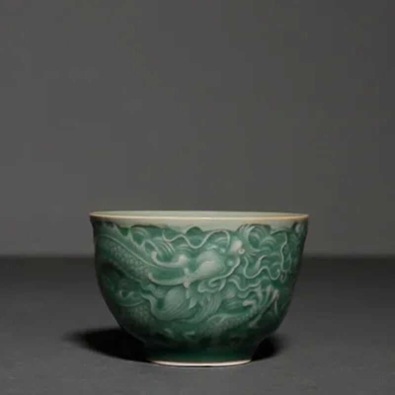 Ceramic Embossed Dragon Teacups Celadon Kung Fu Master Cup Traditional Chinese