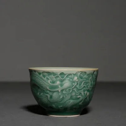 Ceramic Embossed Dragon Teacups Celadon Kung Fu Master Cup Traditional Chinese