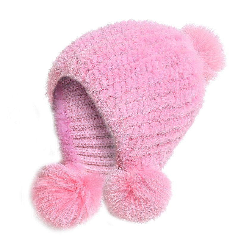 Winter Graceful Women Mink Fur Hats Real Knitted Fur Caps with Fox Fur Earflaps