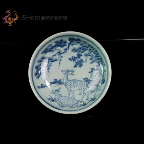 Old Porcelain Blue and White Pine Deer Pattern Plate Porcelai