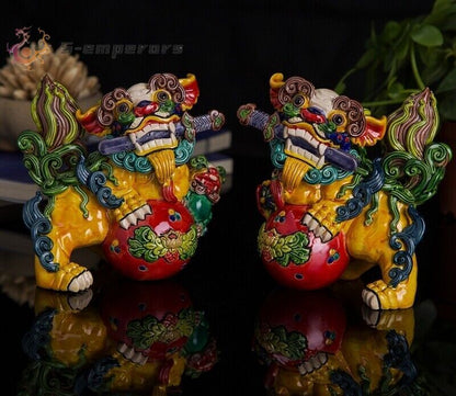 Pair Porcelain Guardian Foo Fu Dog Lion Statue Chinese Feng Shui Home Decor