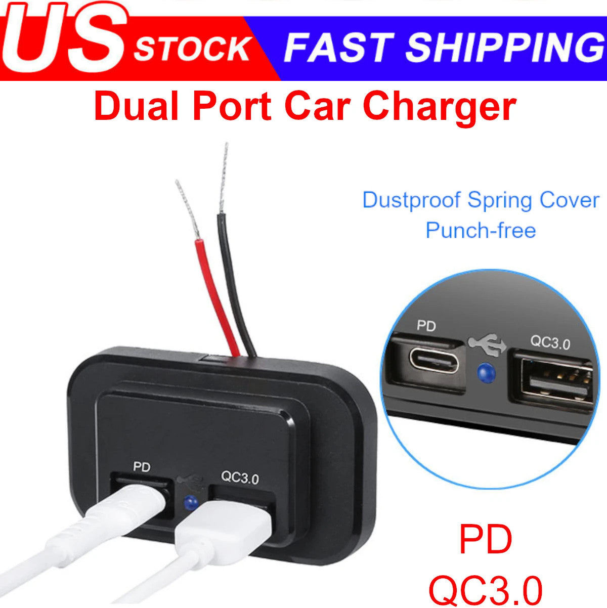 12-24V 4.8A Dual USB PD QC3.0 Car Boat RV Charger Socket LED Power Outlet lot