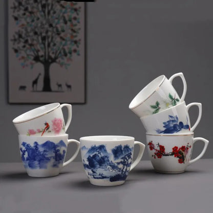 Chinese Blue and White Porcelain Teacup with Handle Office Coffee Cup Ceramic