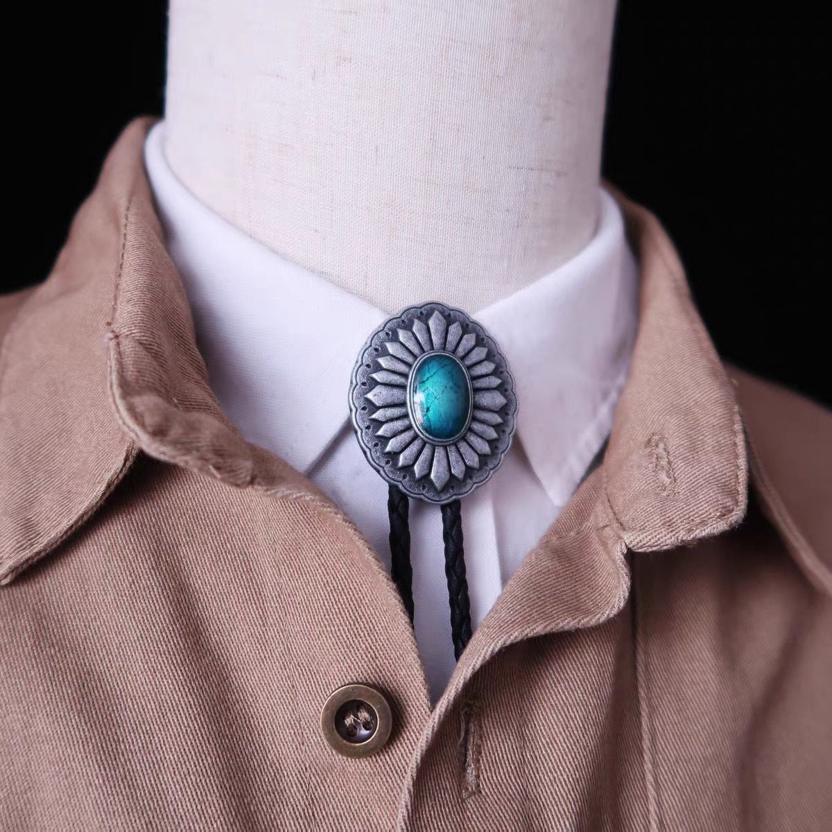 100cm Vintage Bolo Tie Blue Stone Inlay Adjustable Western Cowboy Neck Accessory