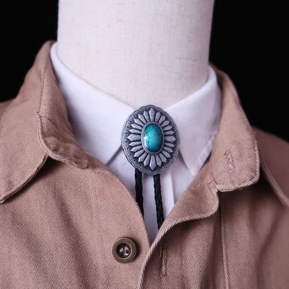 100cm Vintage Bolo Tie Blue Stone Inlay Adjustable Western Cowboy Neck Accessory
