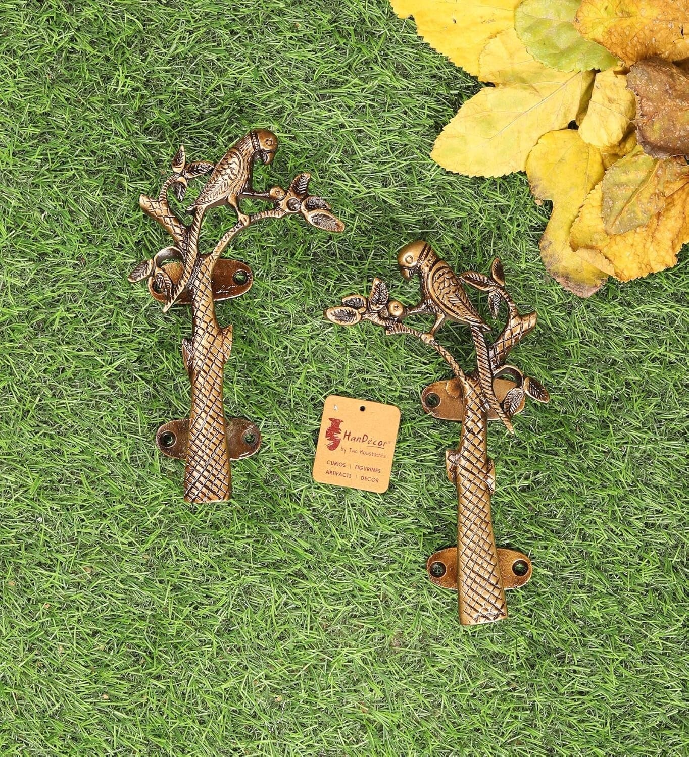 Set of 2 Antique Look Golden Brass Parrot On Tree Door Handle
