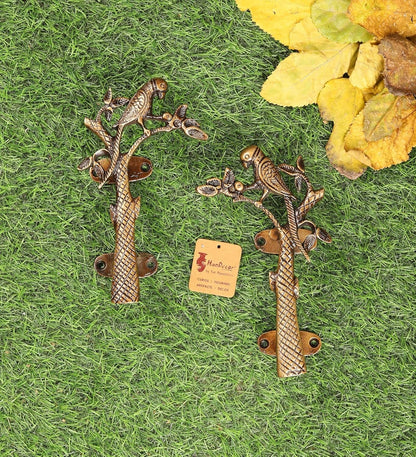 Set of 2 Antique Look Golden Brass Parrot On Tree Door Handle