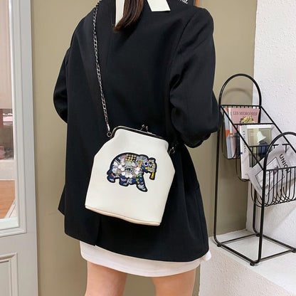 Vintage Shell Lock Embroidery Bags Synthetic Leather Chain Shoulder Purses Blue