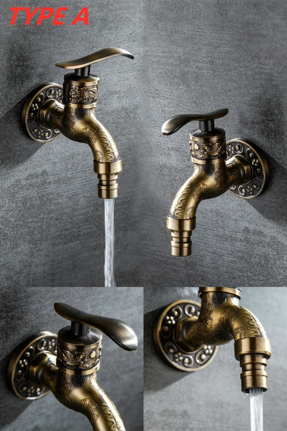 Bibcock Faucet Carved Wall Mount Zinc Alloy Antique Garden Wash Basin Decorative