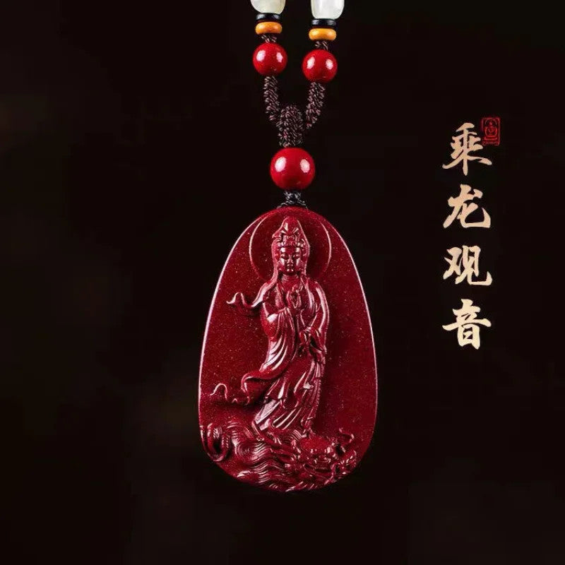 Cinnabar Jade Guanyin Pendant Necklace Jewellery Chinese Healing Sweater Chain