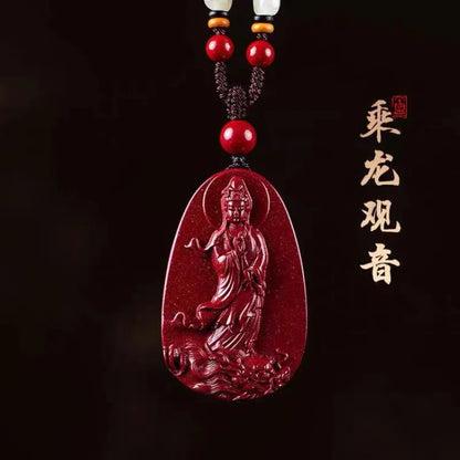 Cinnabar Jade Guanyin Pendant Necklace Jewellery Chinese Healing Sweater Chain
