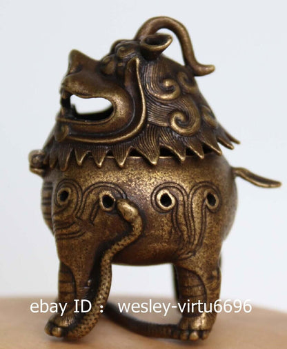 Old Copper Bronze Fu Foo Dog Lion Incense Burner Statue
