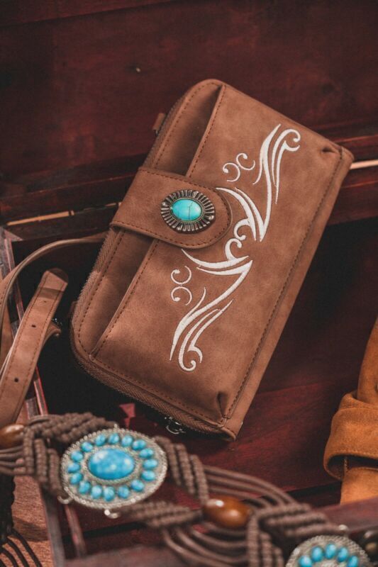 Celela Women Zip Turquoise Embroided Phone Wristlet Wallet Crossbody Bags Purse