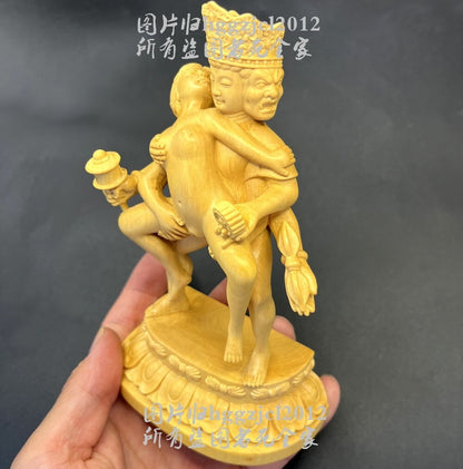 6" New Boxwood Tantra Buddhism Home Hevajra Yab-Yum Happy Love Buddha Statue
