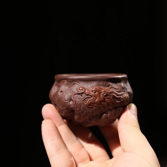 Yixing Zisha Pottery Handmade Tea Cup Dragon Carved Master Cup Kungfu Tea Cup