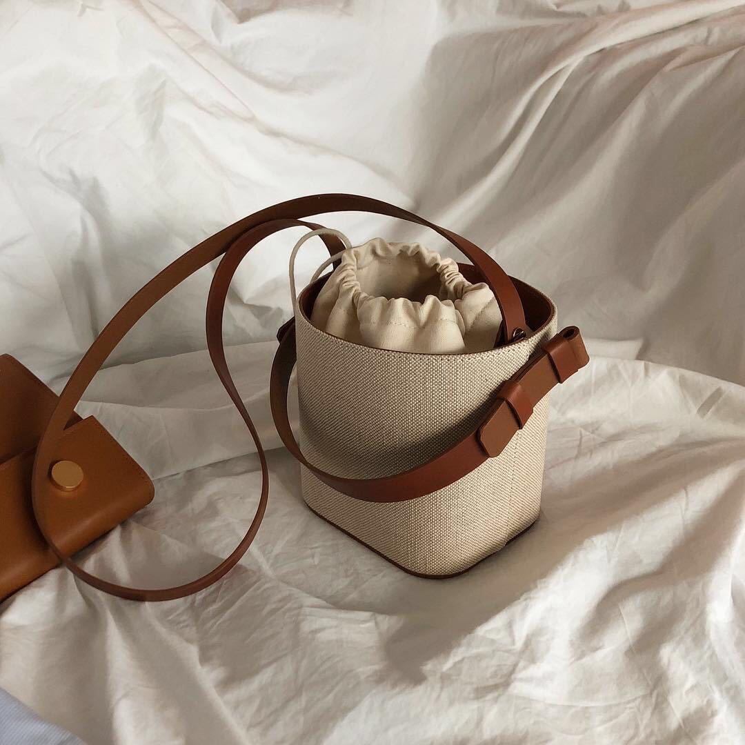 Canvas Leather Splicing Bucket Bag Contrast Small One-shoulder Crossbody Satchel