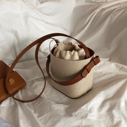 Canvas Leather Splicing Bucket Bag Contrast Small One-shoulder Crossbody Satchel