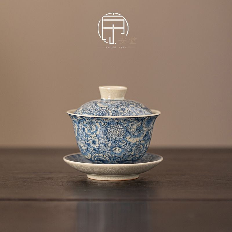Ru Kiln Blue and White Covered Bowl San Cai Tea Bowl Ceramic Household Tea Set