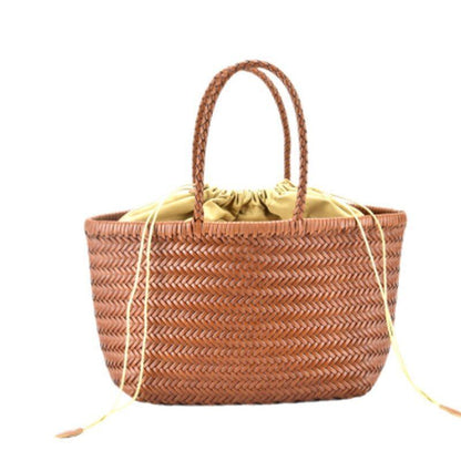 Genuine Leather Woven Shoulder Bag Casual Shopping Bag Vintage Tote Purse Brown